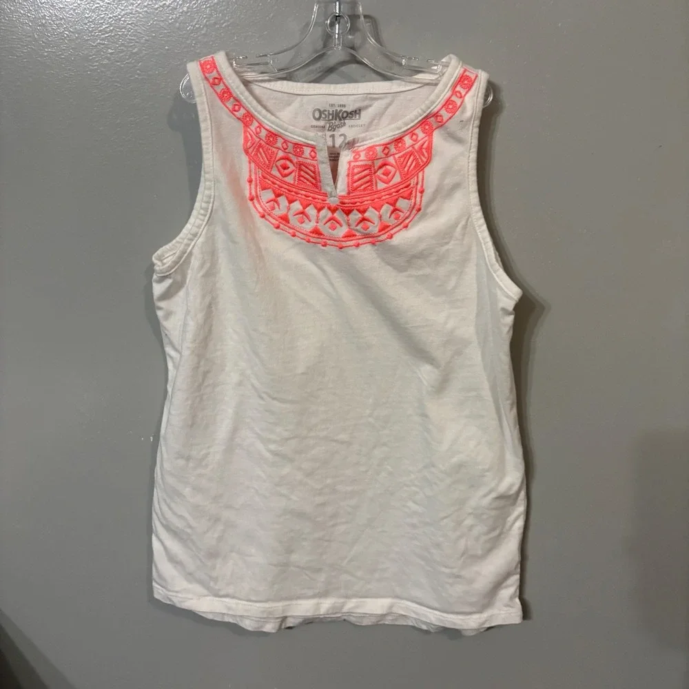 OshKosh Bgosh White Sleeveless Tank Top Bright Pink Embroidery (Girls 12)